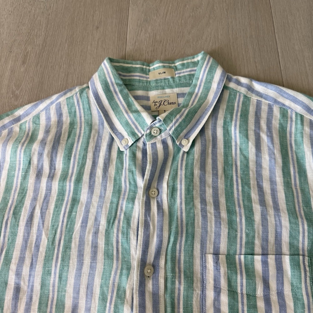 J. Crew Baird McNutt Irish Linen Shirt Men's Size L Large Slim Blue Green Stripe